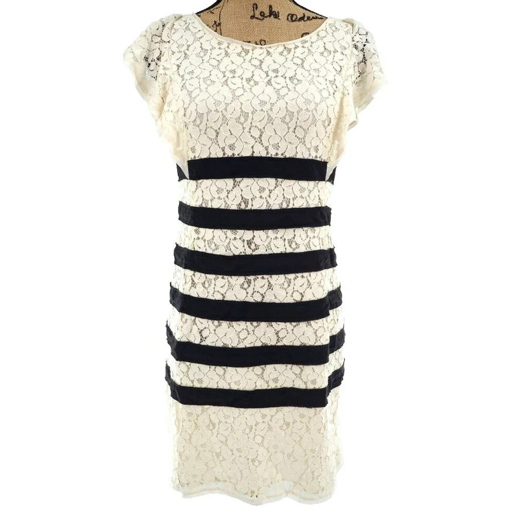 BCBG Maxazria Dress Women 6 Ivory Black Midi Lace Lined Low Back Flutter Sleeves